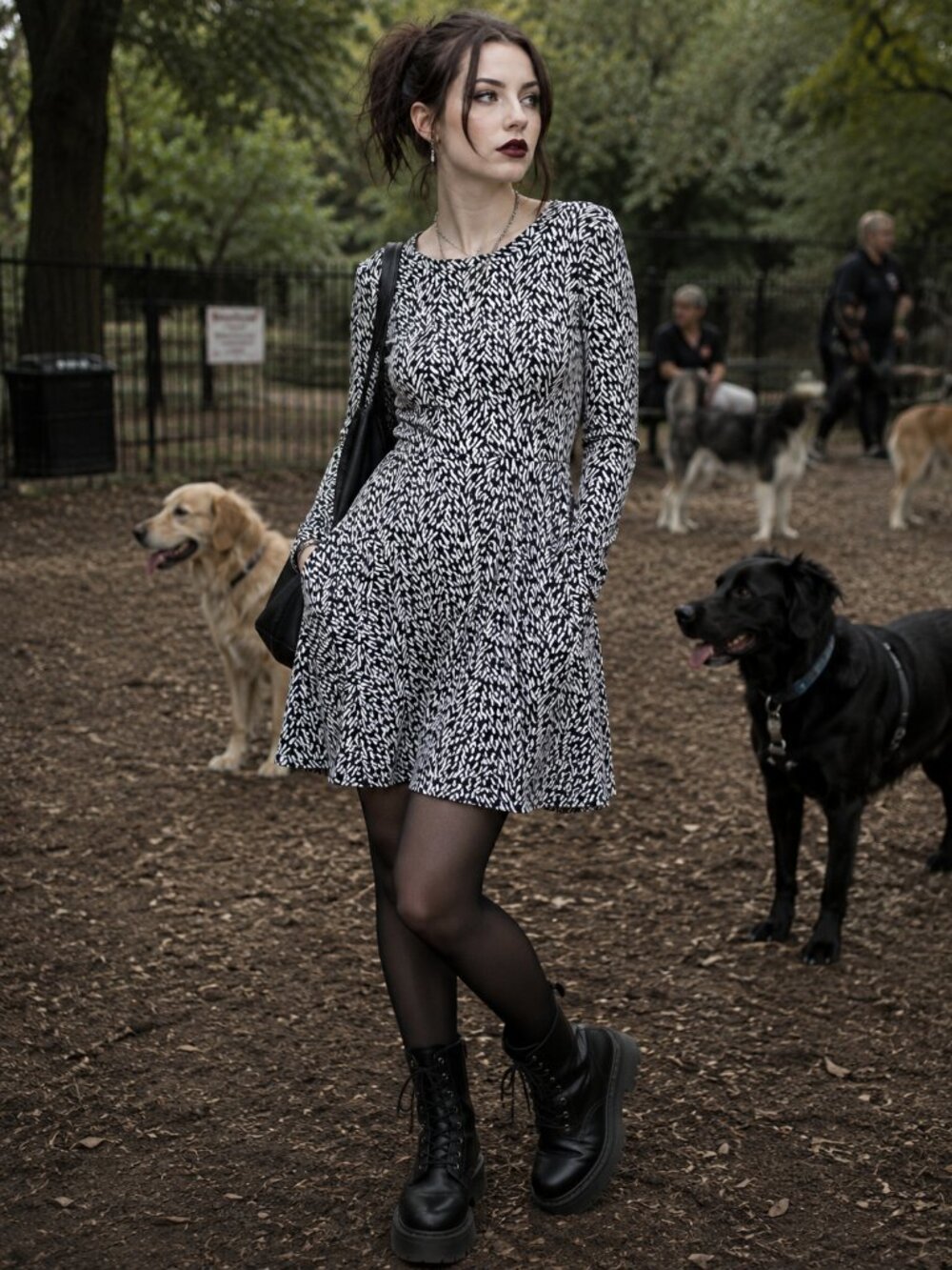 Everly Black & White Printed Fit & Flare Dress | Long Sleeve Stretch Knit Medium